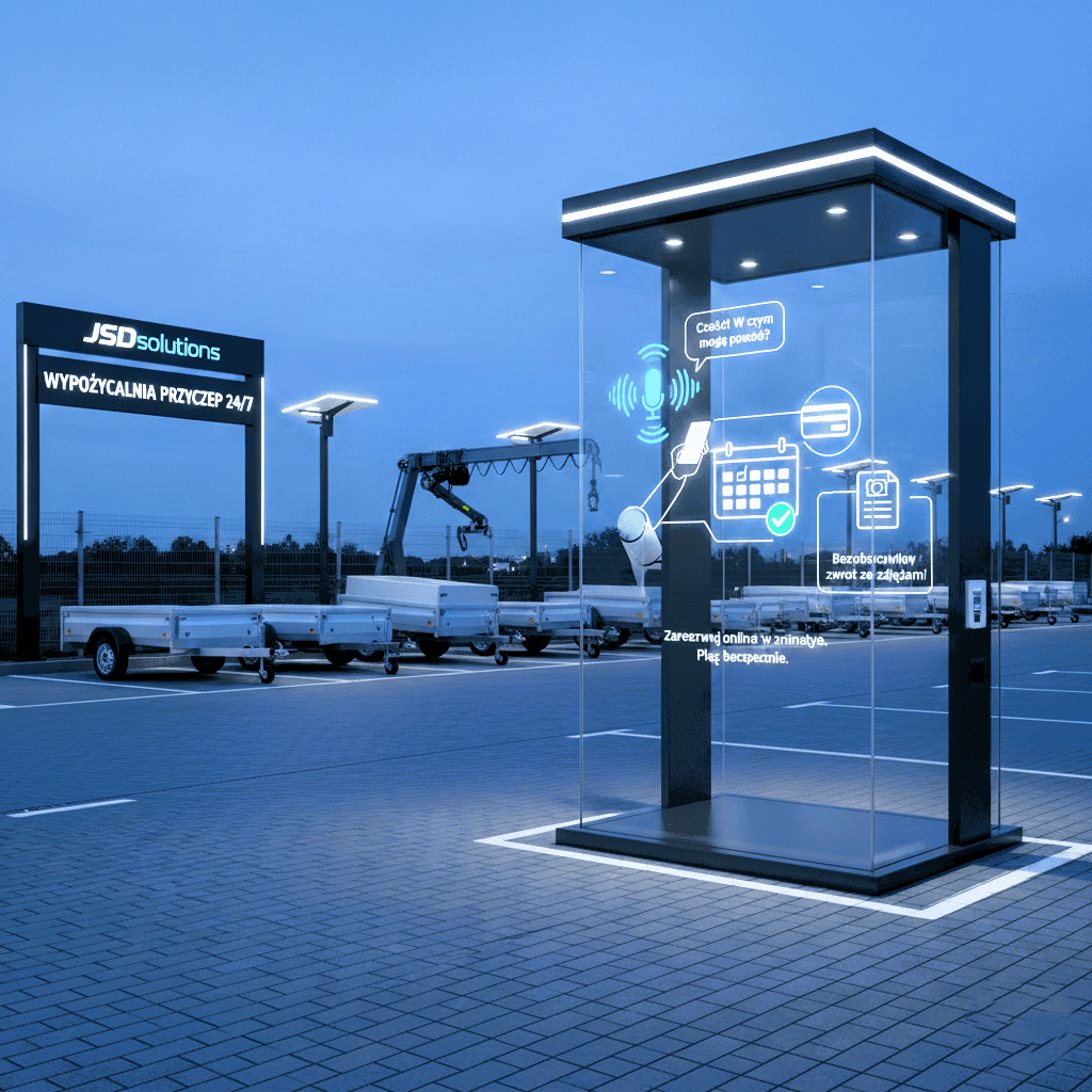 Nowoczesna, automatyczna stacja wynajmu przyczep z interfejsem cyfrowym, voicebotem i płatnościami online na placu wypożyczalni 24/7.